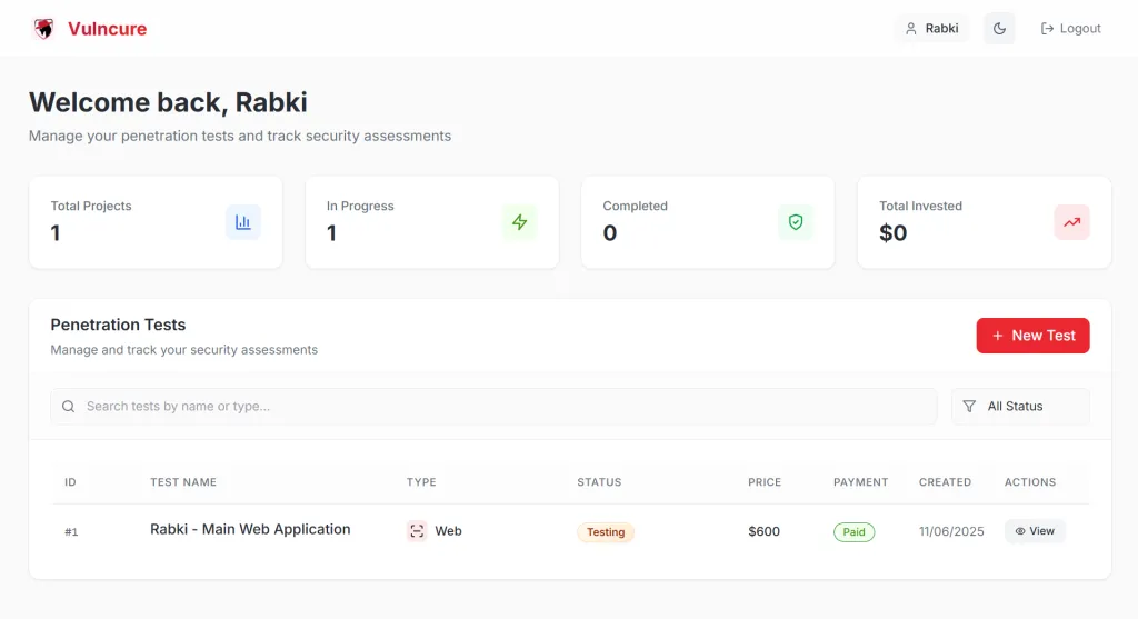 Vulncure PTaaS Dashboard